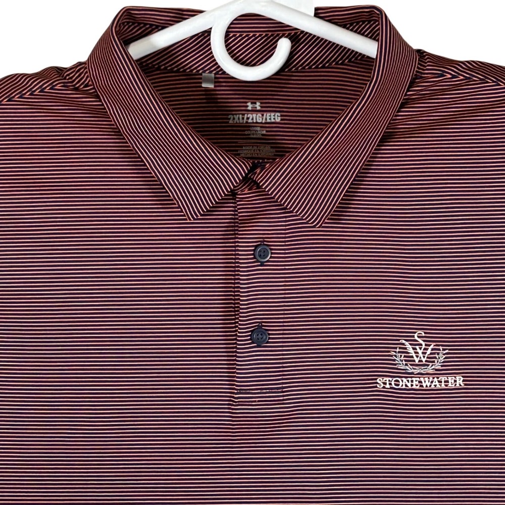 Under Armour‎ Mens 2XL Striped Polo Shirt Orange Navy Stonewater Golf HeatGear